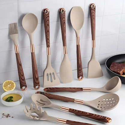 Silicone Kitchen Utensil Set with Wood-Look Handles and Rose Gold Accents