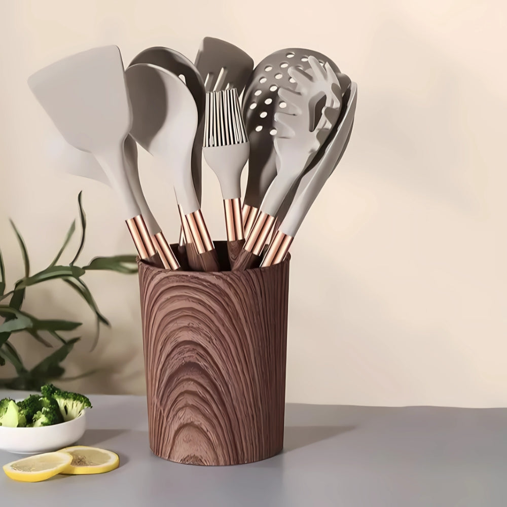 Silicone Kitchen Utensil Set with Wood-Look Handles and Rose Gold Accents