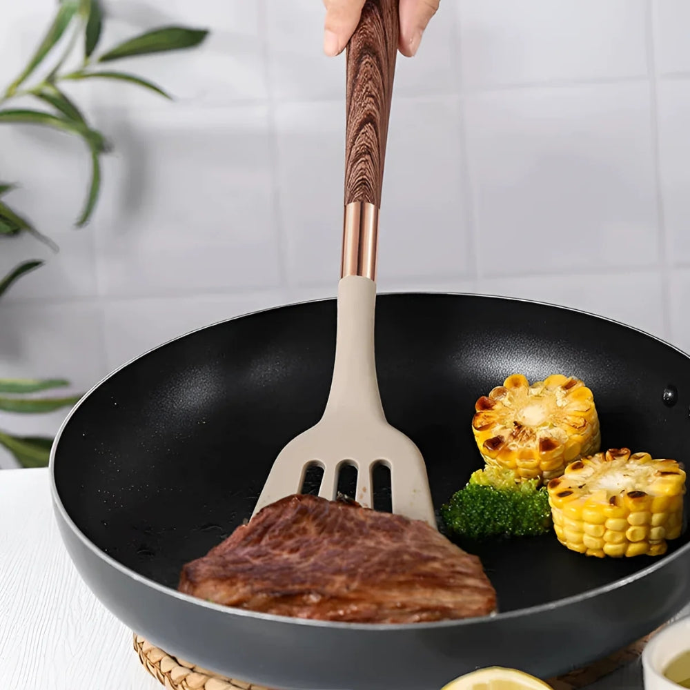 Silicone Kitchen Utensil Set with Wood-Look Handles and Rose Gold Accents