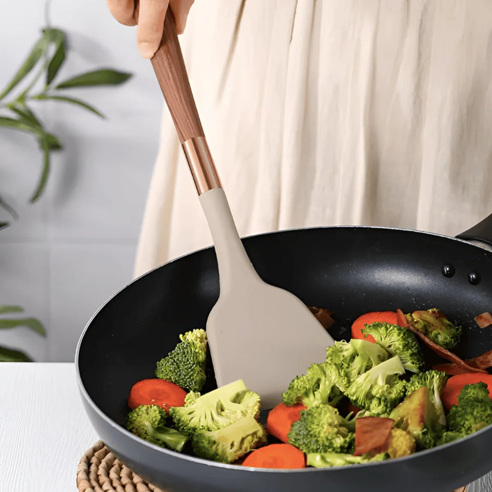 Silicone Kitchen Utensil Set with Wood-Look Handles and Rose Gold Accents
