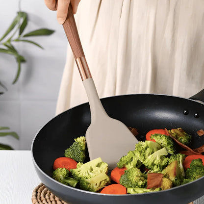 Silicone Kitchen Utensil Set with Wood-Look Handles and Rose Gold Accents