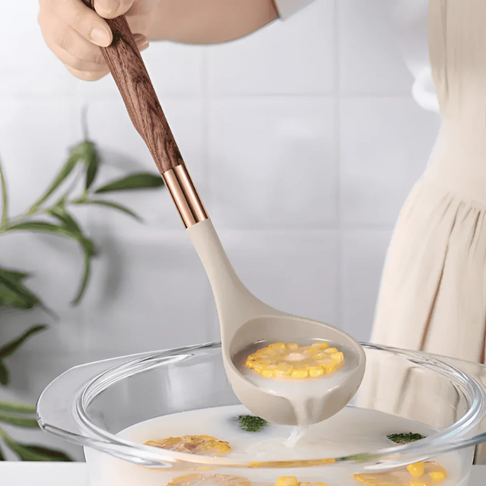 Silicone Kitchen Utensil Set with Wood-Look Handles and Rose Gold Accents