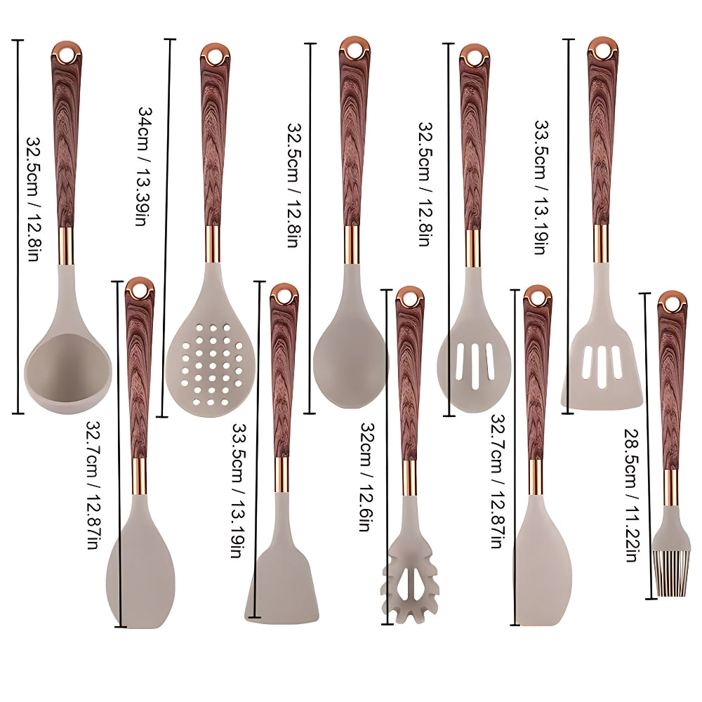 Silicone Kitchen Utensil Set with Wood-Look Handles and Rose Gold Accents