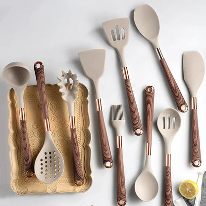 Silicone Kitchen Utensil Set with Wood-Look Handles and Rose Gold Accents