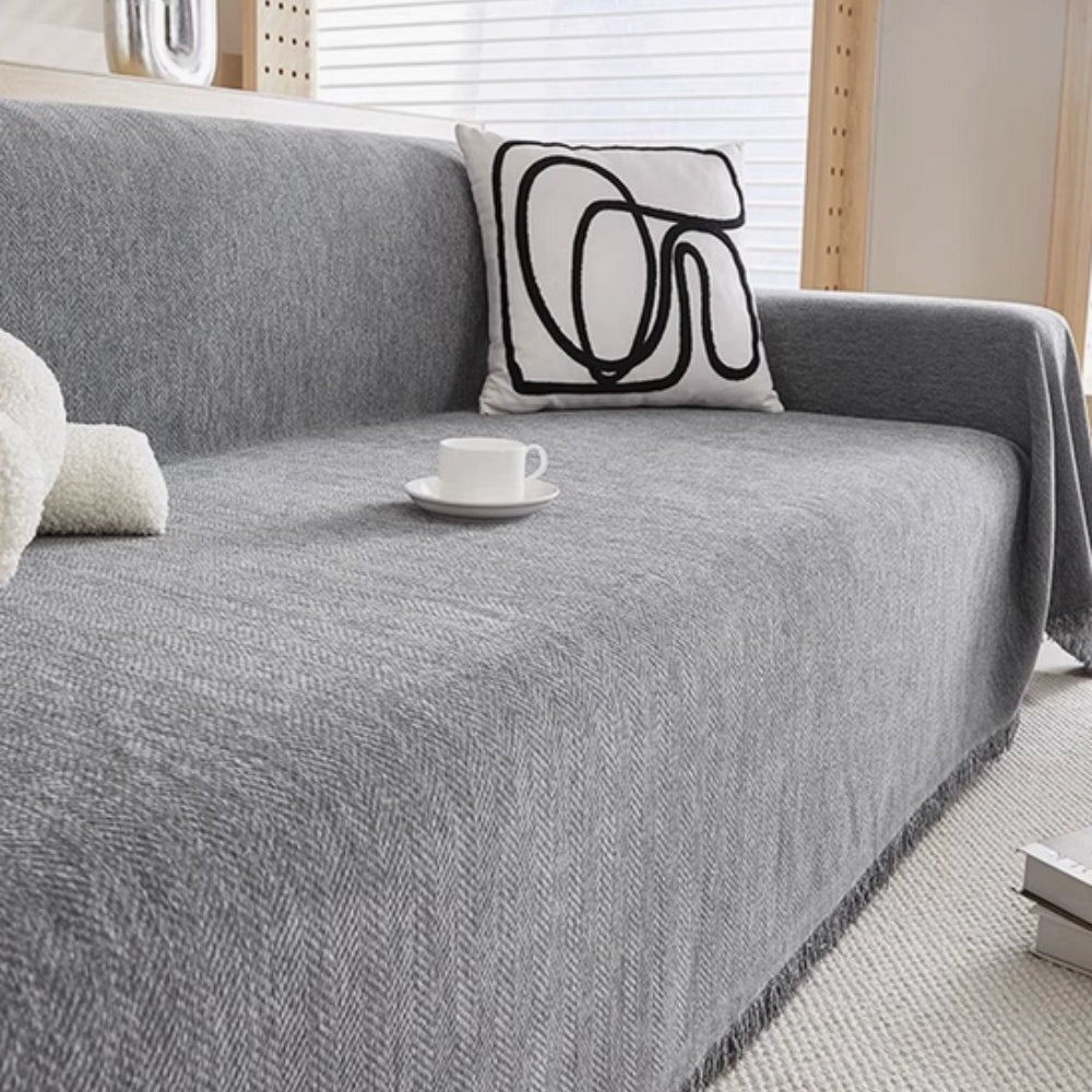 Sofa Cover Throw Blanket with Fringe Trim and Herringbone Texture