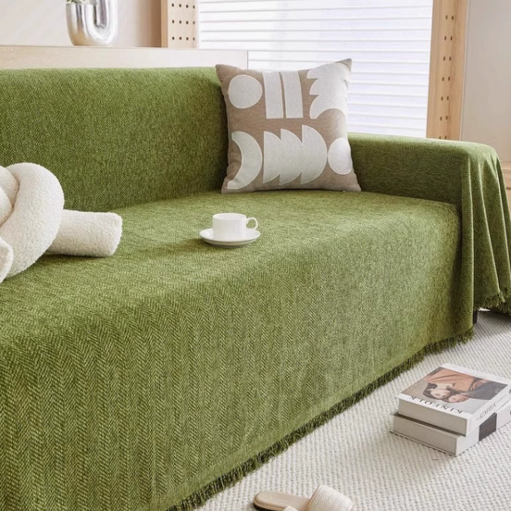 Sofa Cover Throw Blanket with Fringe Trim and Herringbone Texture