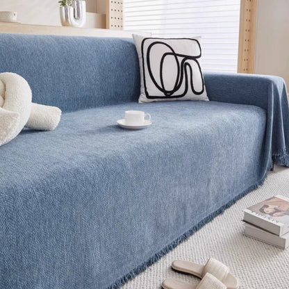 Sofa Cover Throw Blanket with Fringe Trim and Herringbone Texture