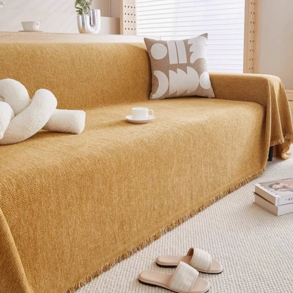 Sofa Cover Throw Blanket with Fringe Trim and Herringbone Texture