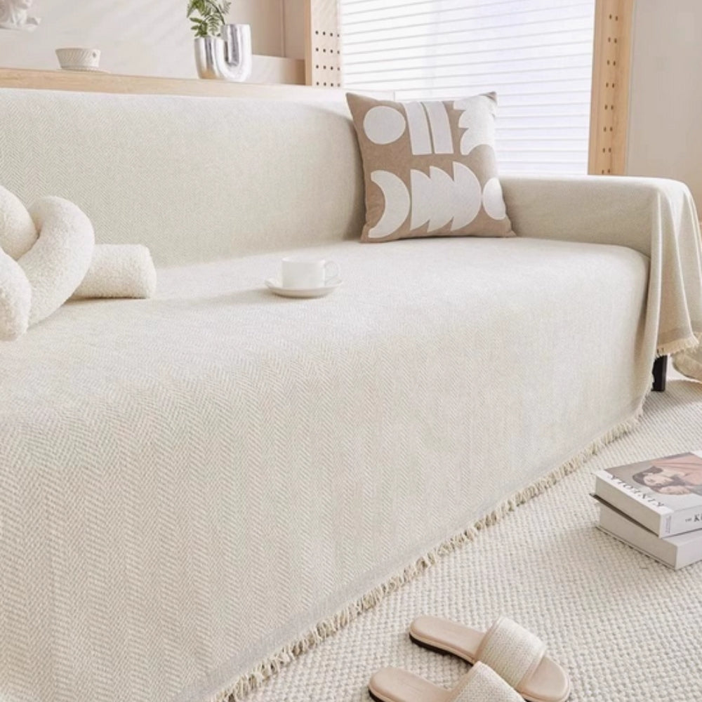Sofa Cover Throw Blanket with Fringe Trim and Herringbone Texture
