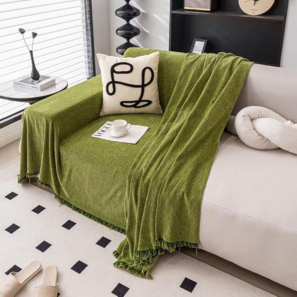 Sofa Cover Throw Blanket with Fringe Trim and Herringbone Texture
