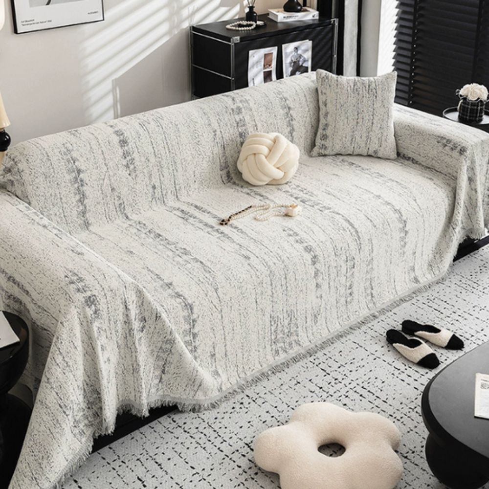 Sofa Cover Throw with Fringe Trim and Abstract Texture Pattern