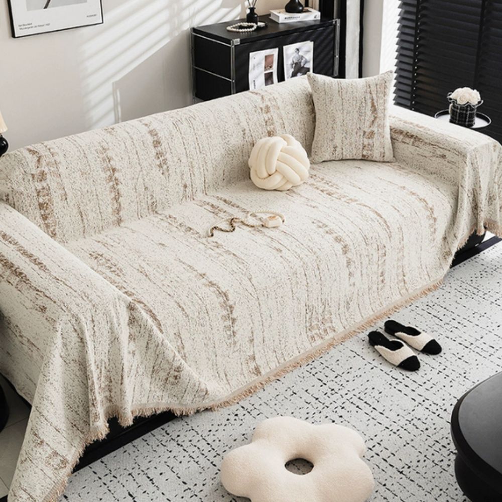 Sofa Cover Throw with Fringe Trim and Abstract Texture Pattern