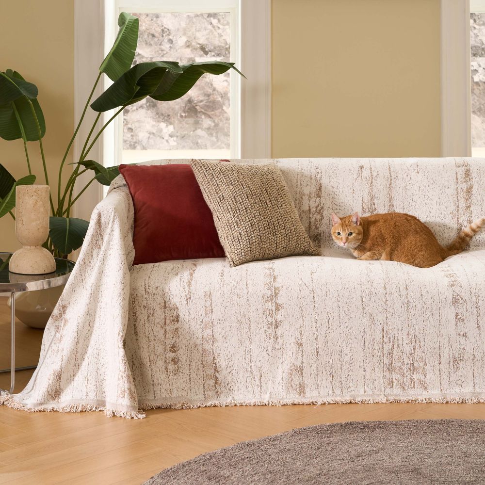 Sofa Cover Throw with Fringe Trim and Abstract Texture Pattern