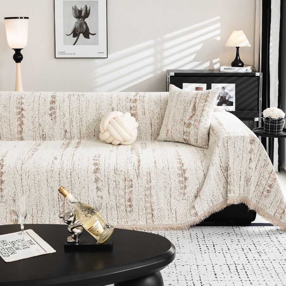 Sofa Cover Throw with Fringe Trim and Abstract Texture Pattern