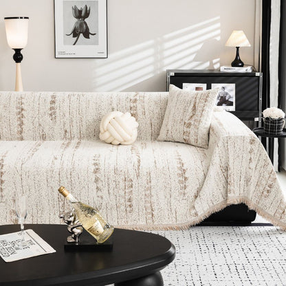 Sofa Cover Throw with Fringe Trim and Abstract Texture Pattern