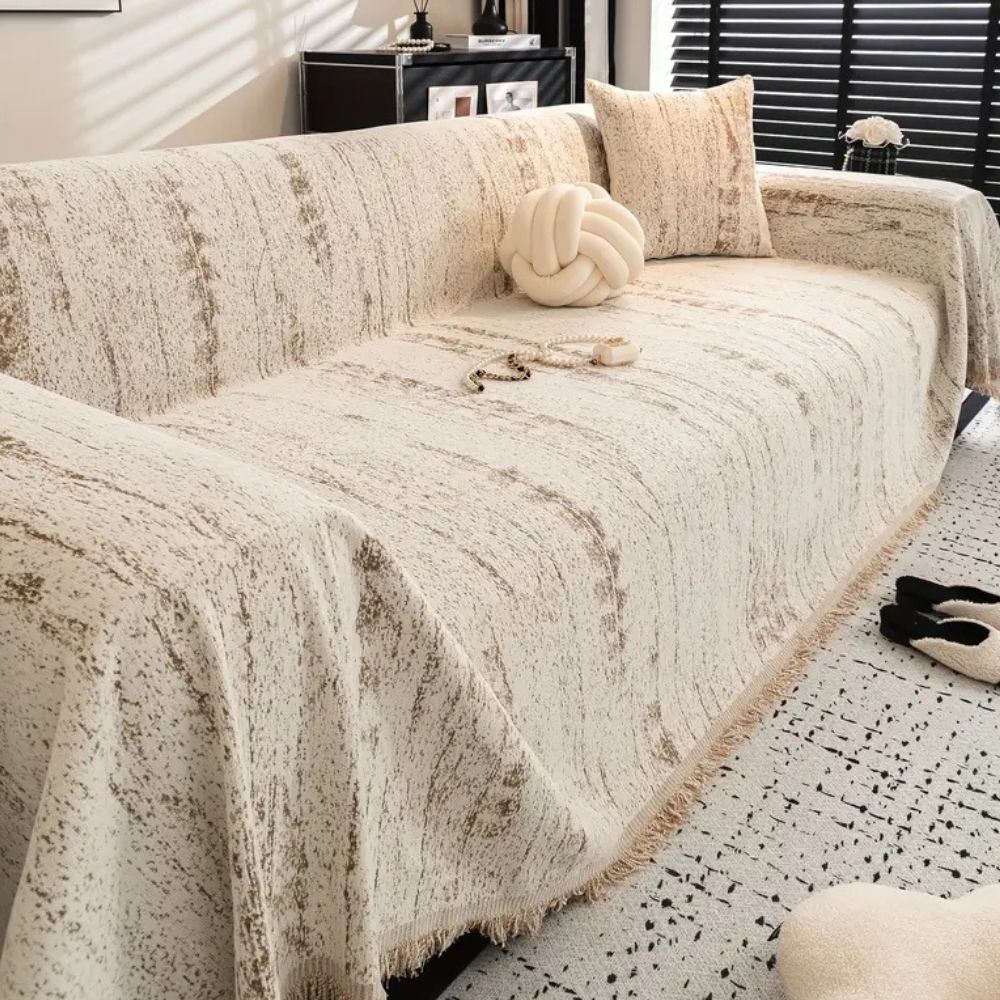 Sofa Cover Throw with Fringe Trim and Abstract Texture Pattern