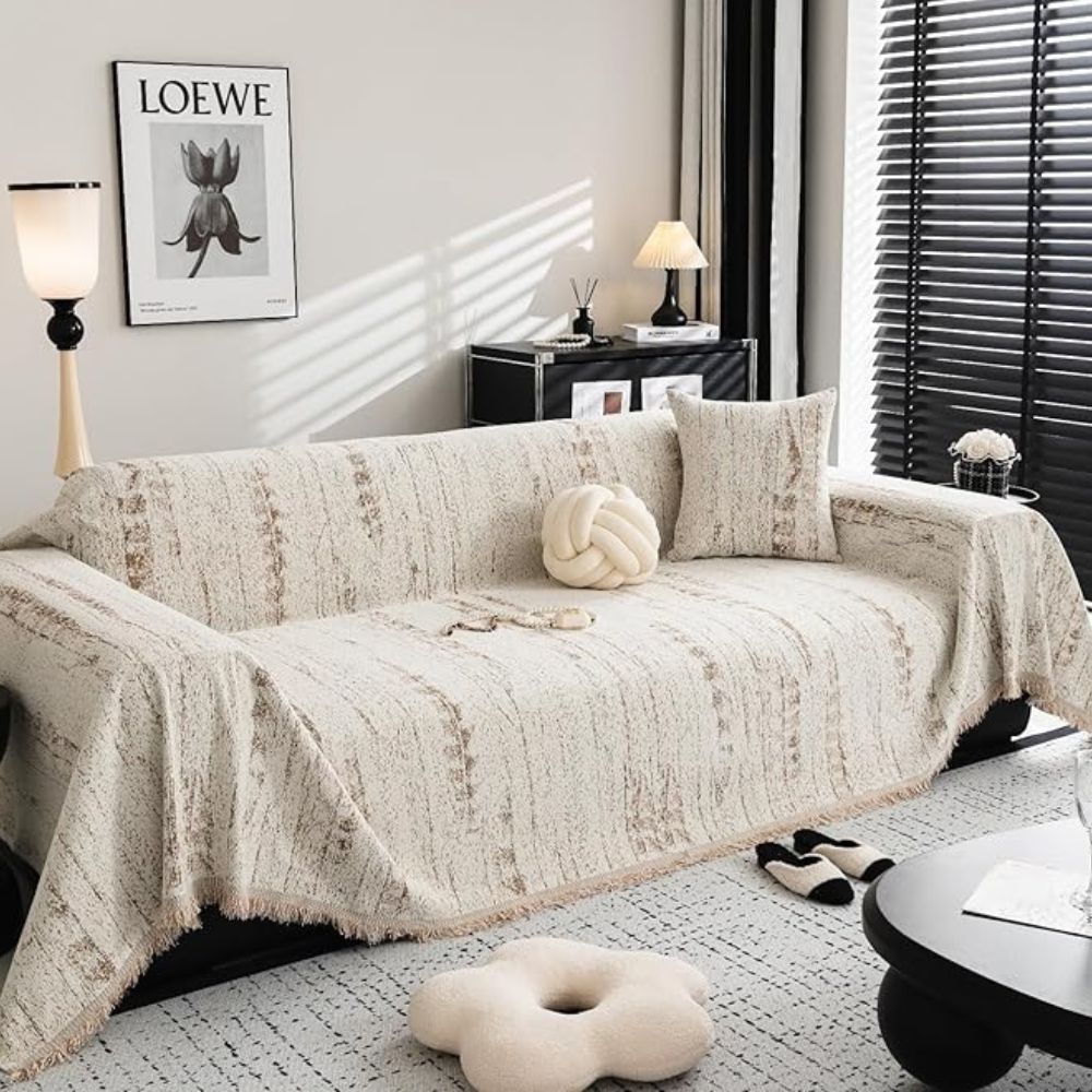 Sofa Cover Throw with Fringe Trim and Abstract Texture Pattern