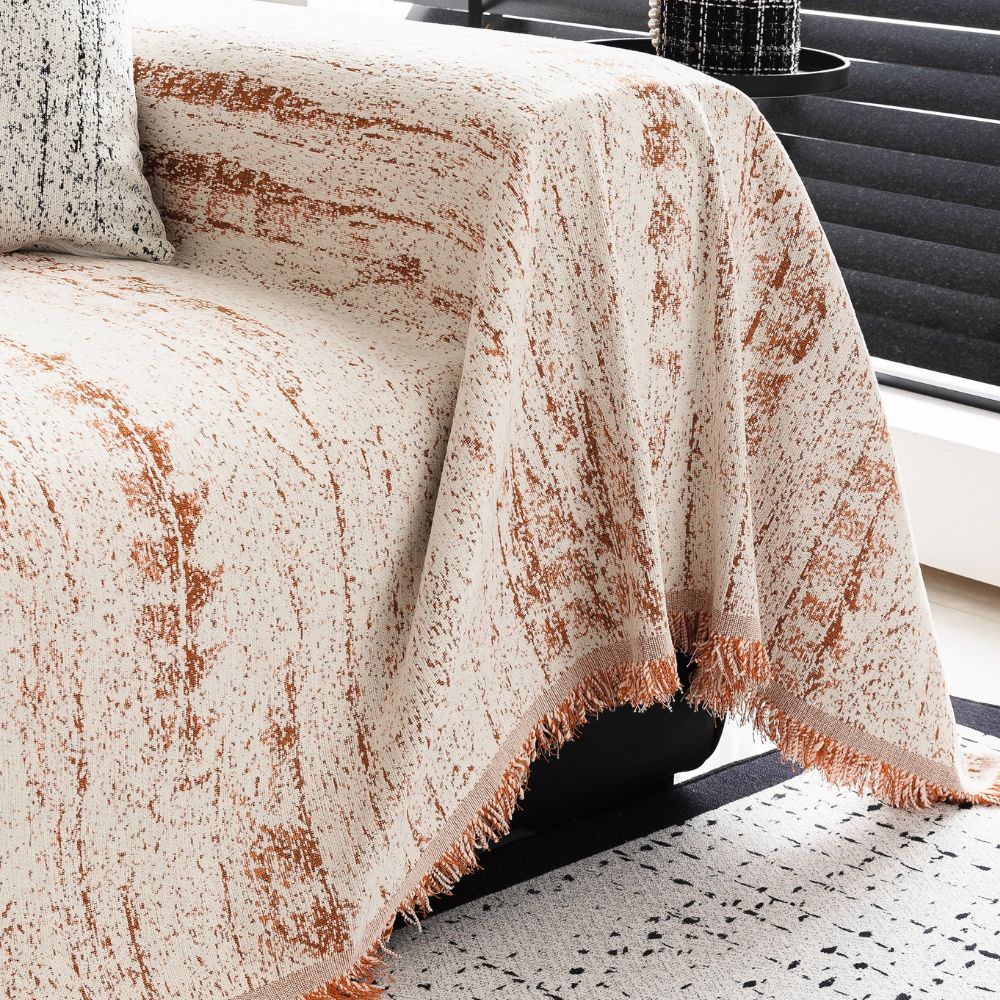 Sofa Cover Throw with Fringe Trim and Abstract Texture Pattern