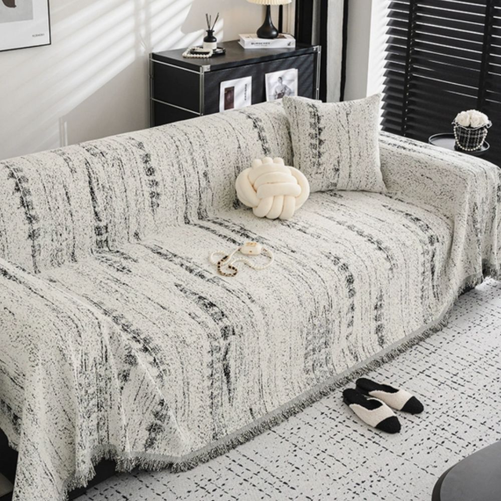 Sofa Cover Throw with Fringe Trim and Abstract Texture Pattern