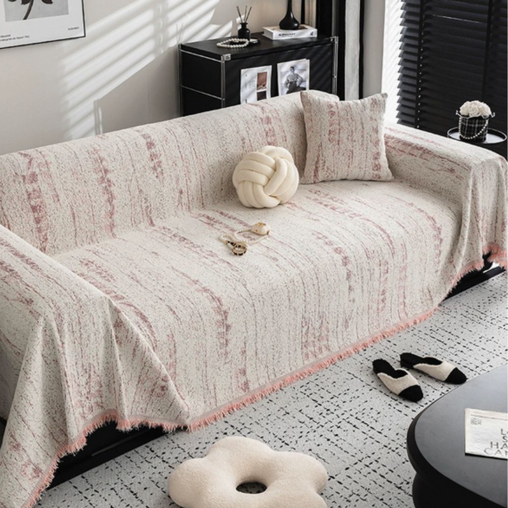 Sofa Cover Throw with Fringe Trim and Abstract Texture Pattern