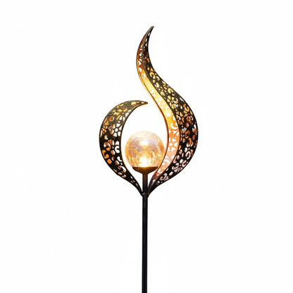 Solar Garden Lamp with Flame-Shaped Metal Shade and Crackle Glass Ball