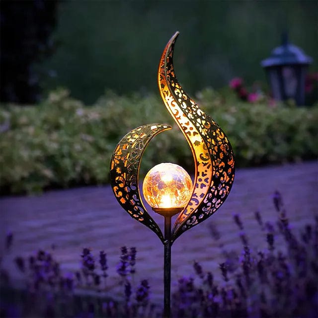 Solar Garden Lamp with Flame-Shaped Metal Shade and Crackle Glass Ball