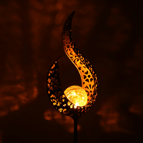 Solar Garden Lamp with Flame-Shaped Metal Shade and Crackle Glass Ball