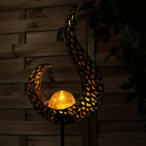 Solar Garden Lamp with Flame-Shaped Metal Shade and Crackle Glass Ball