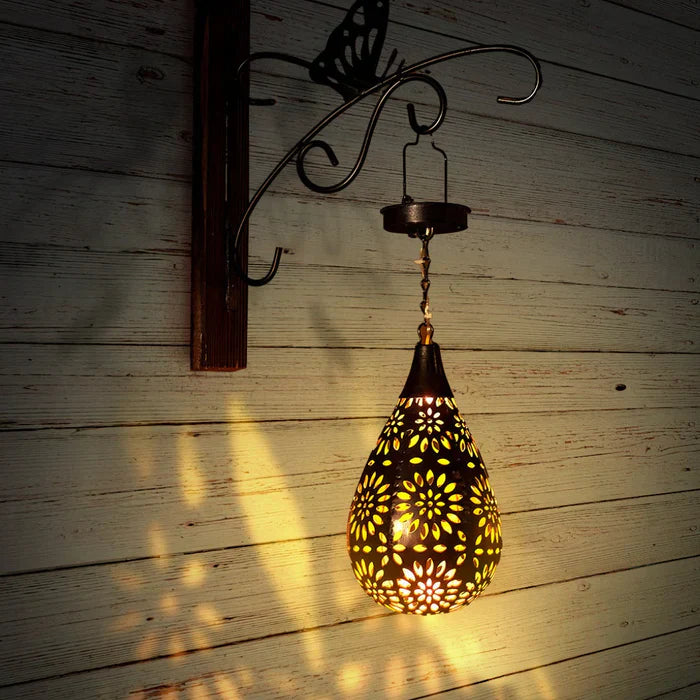 Solar Garden Lantern with Teardrop Shade and Butterfly Wall Bracket