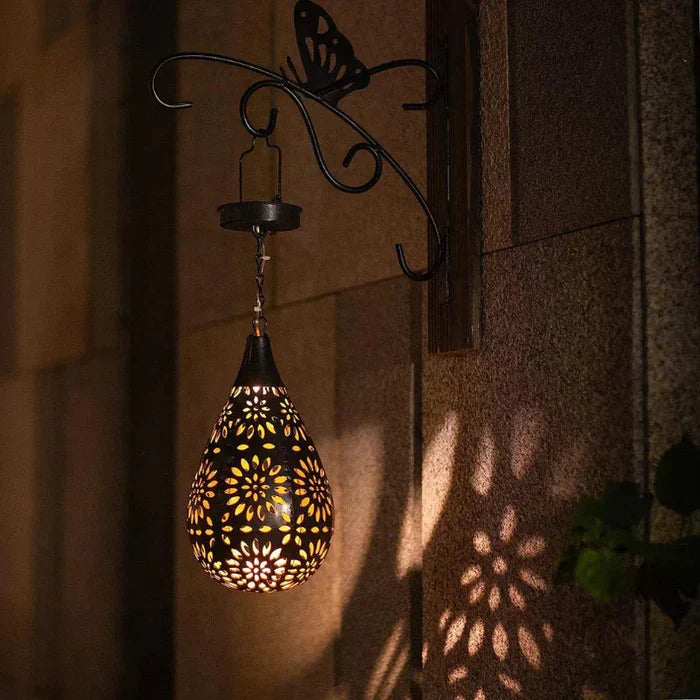 Solar Garden Lantern with Teardrop Shade and Butterfly Wall Bracket