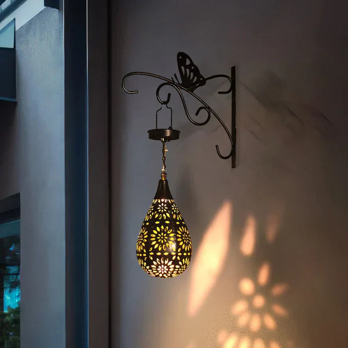 Solar Garden Lantern with Teardrop Shade and Butterfly Wall Bracket