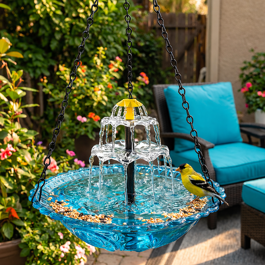 Solar Hanging Bird Bath Fountain with Two Tier Waterfall