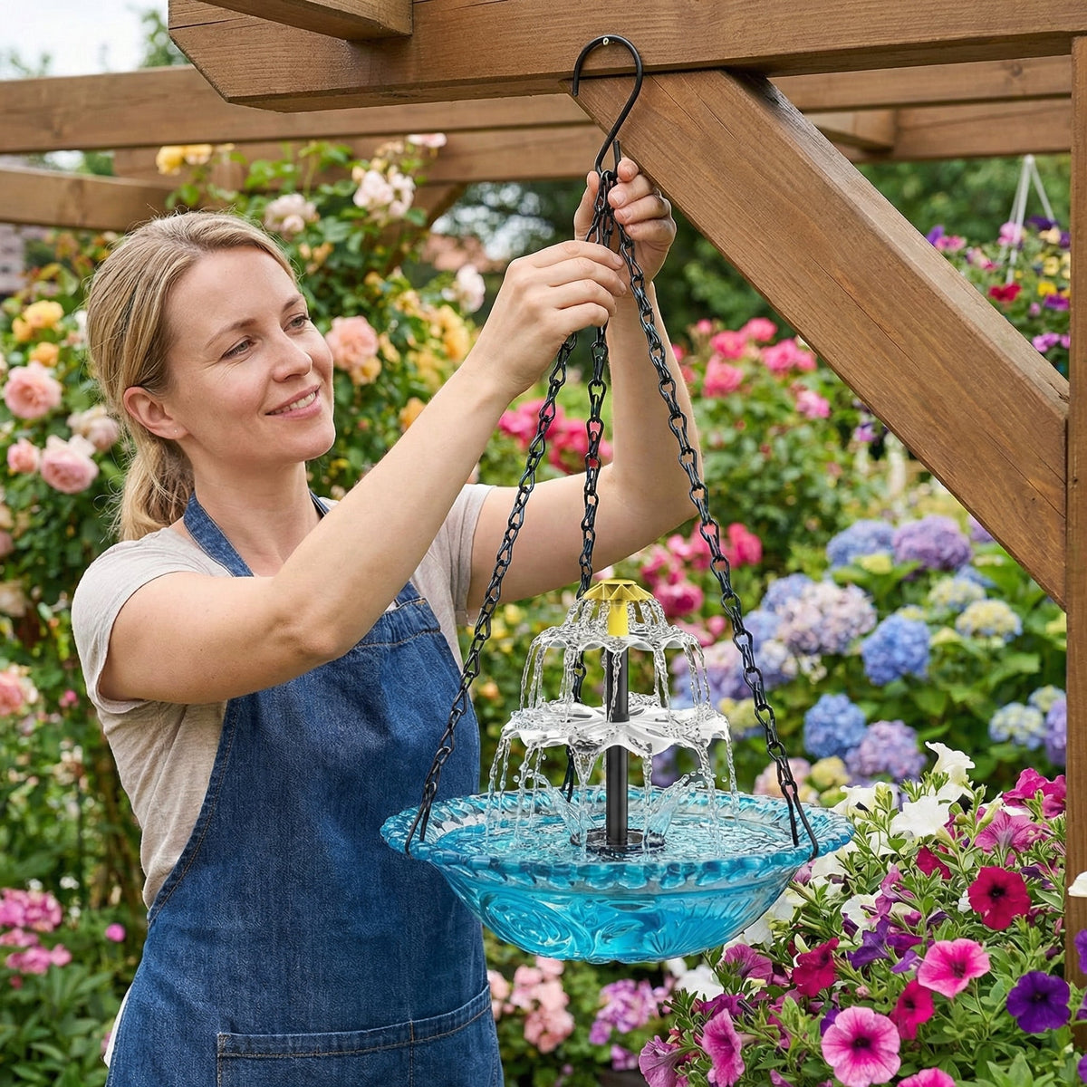 Solar Hanging Bird Bath Fountain with Two Tier Waterfall
