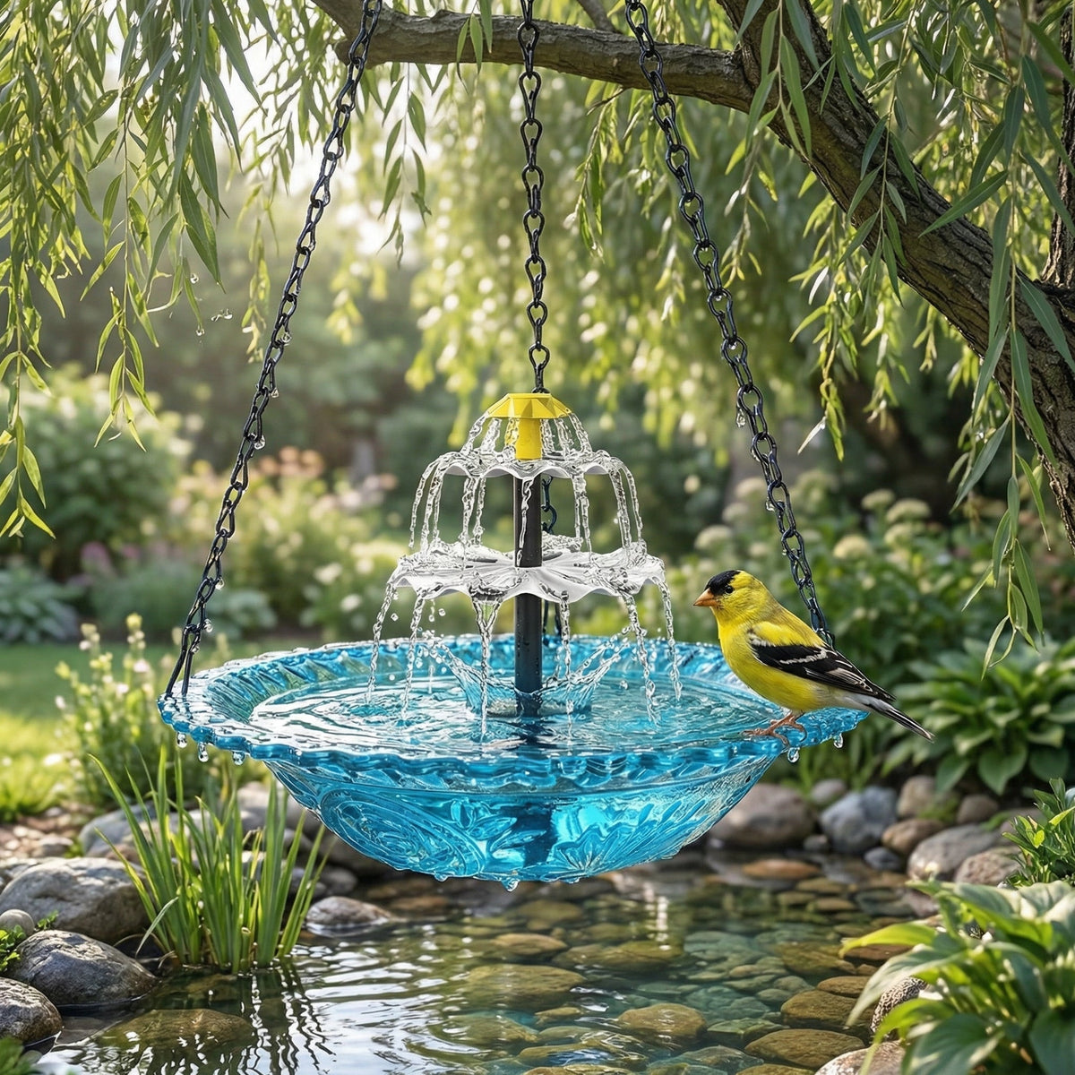 Solar Hanging Bird Bath Fountain with Two Tier Waterfall
