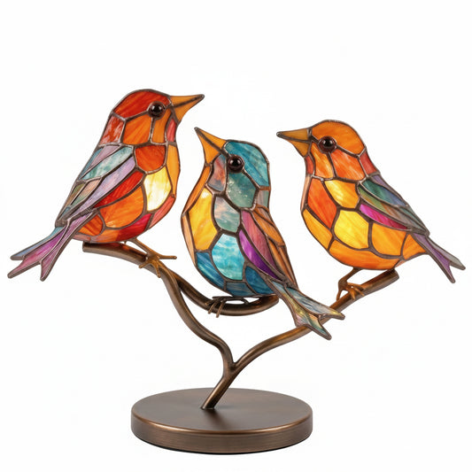 Stained Glass Bird Figurine Table Lamp on Branch with Tiffany Style Design