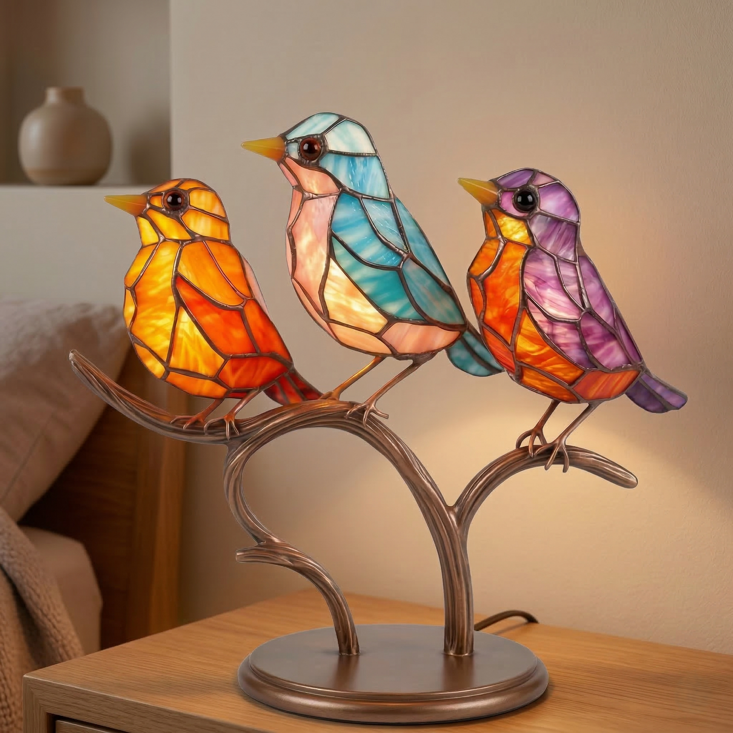 Stained Glass Bird Figurine Table Lamp on Branch with Tiffany Style Design