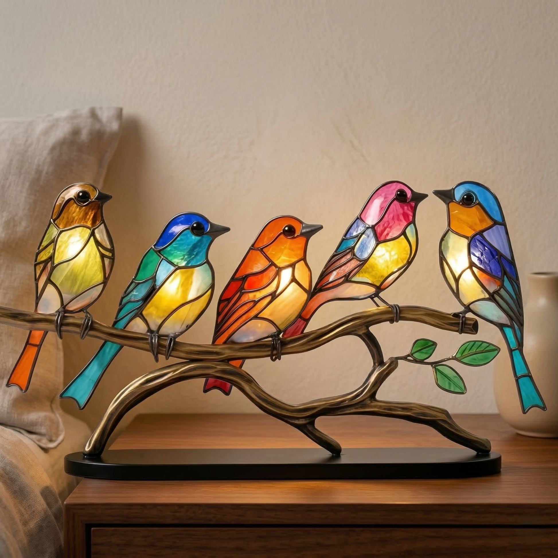 Stained Glass Bird Figurine Table Lamp on Branch with Tiffany Style Design