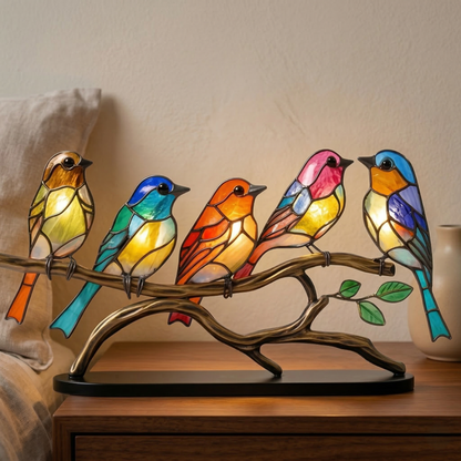 Stained Glass Bird Figurine Table Lamp on Branch with Tiffany Style Design