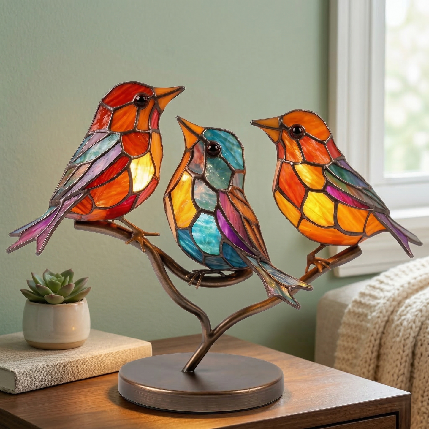 Stained Glass Bird Figurine Table Lamp on Branch with Tiffany Style Design