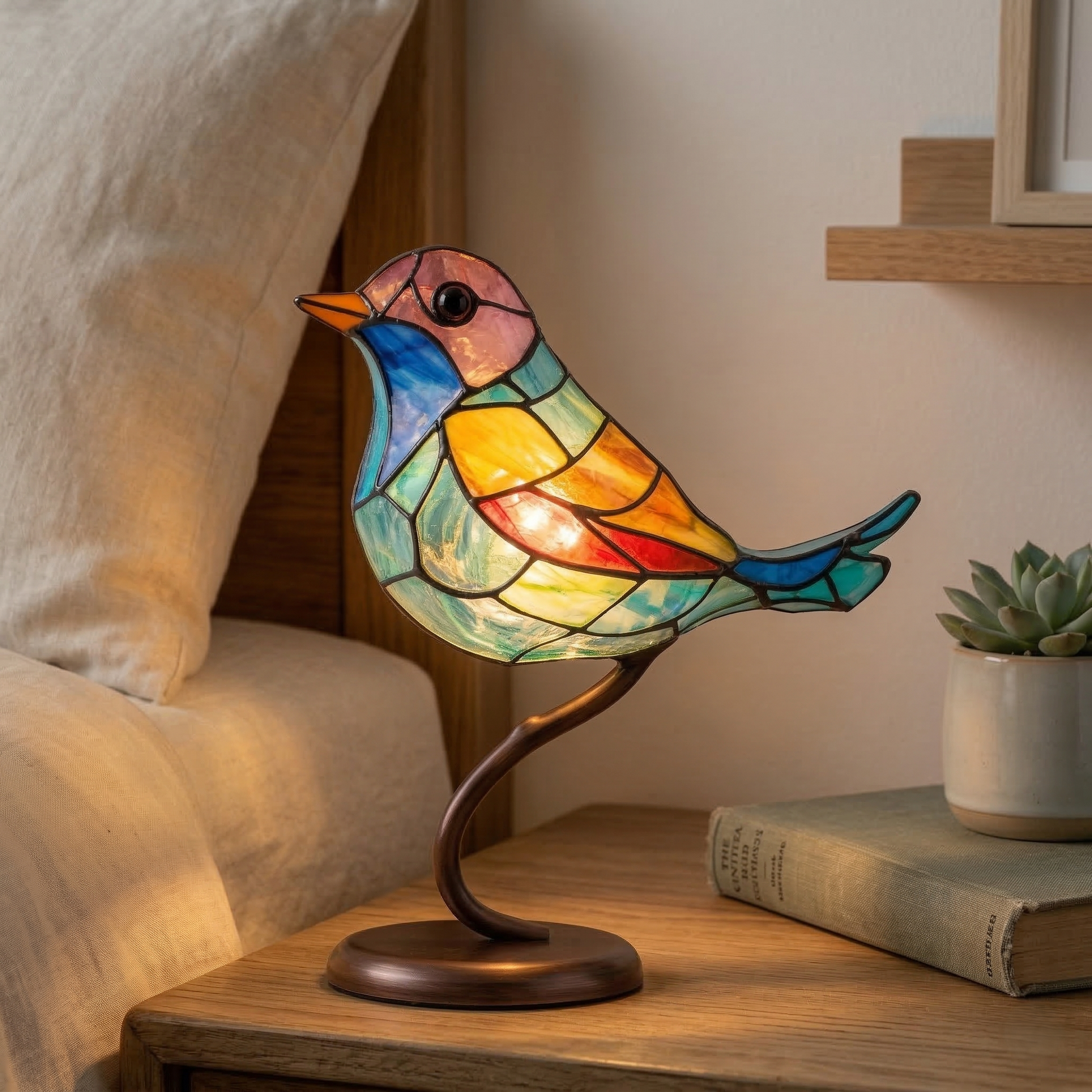Stained Glass Bird Figurine Table Lamp on Branch with Tiffany Style Design