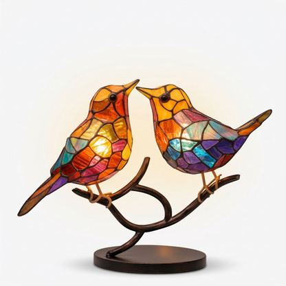 Stained Glass Bird Figurine Table Lamp on Branch with Tiffany Style Design