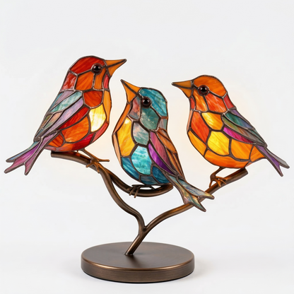 Stained Glass Bird Figurine Table Lamp on Branch with Tiffany Style Design
