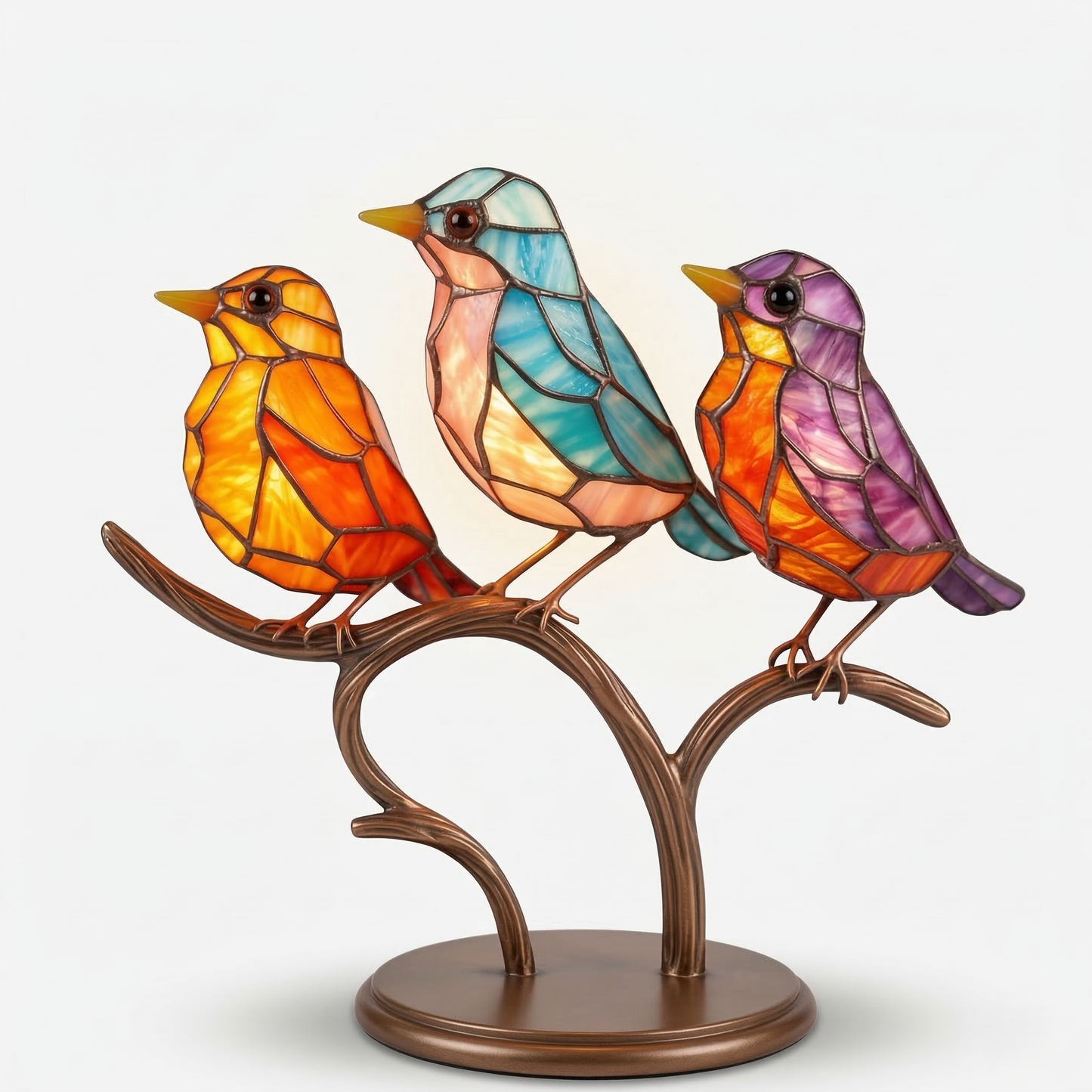 Stained Glass Bird Figurine Table Lamp on Branch with Tiffany Style Design