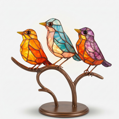 Stained Glass Bird Figurine Table Lamp on Branch with Tiffany Style Design