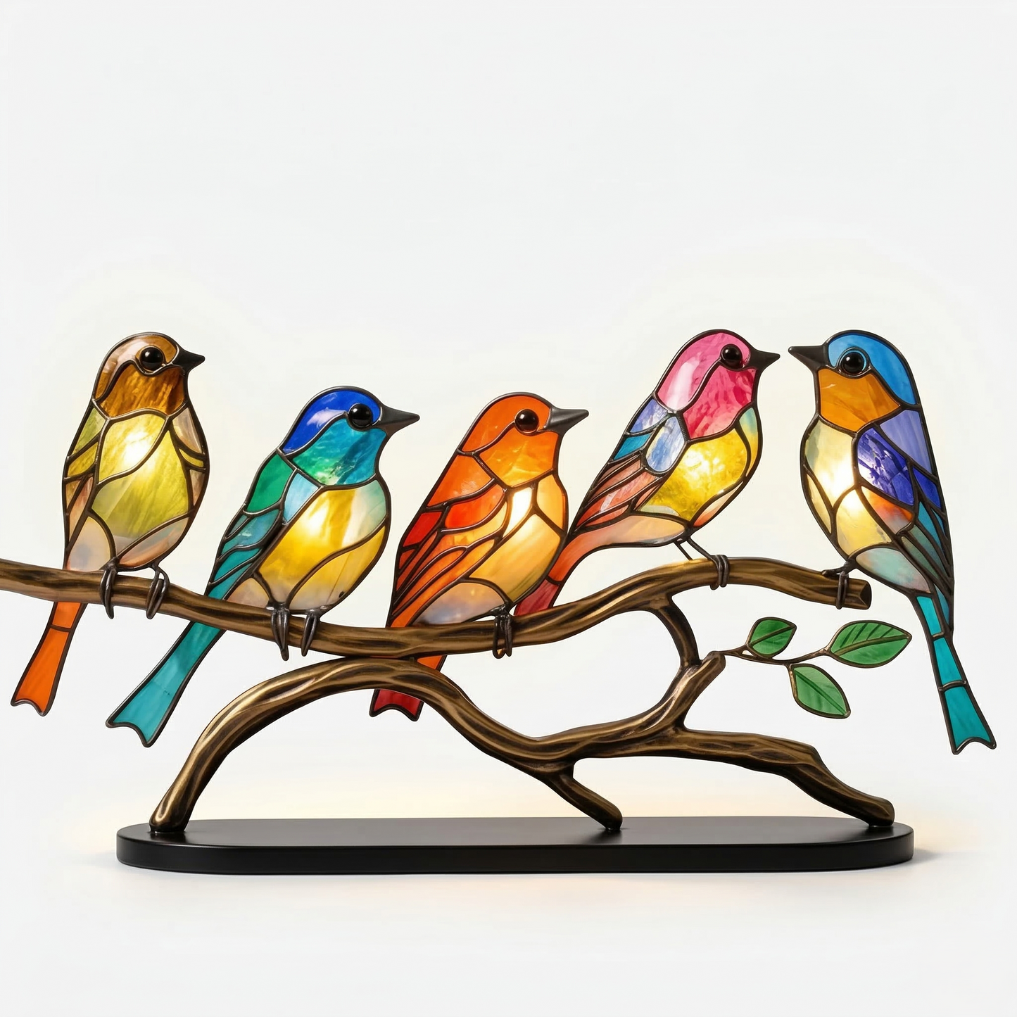 Stained Glass Bird Figurine Table Lamp on Branch with Tiffany Style Design