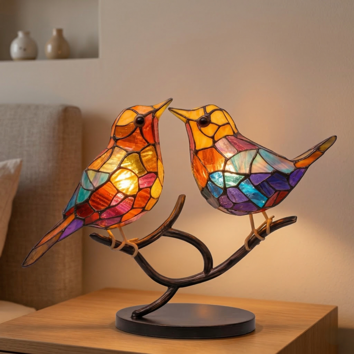 Stained Glass Bird Figurine Table Lamp on Branch with Tiffany Style Design