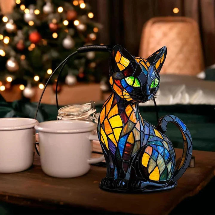 Stained Glass Cat Table Lamp Art Deco with LED Light