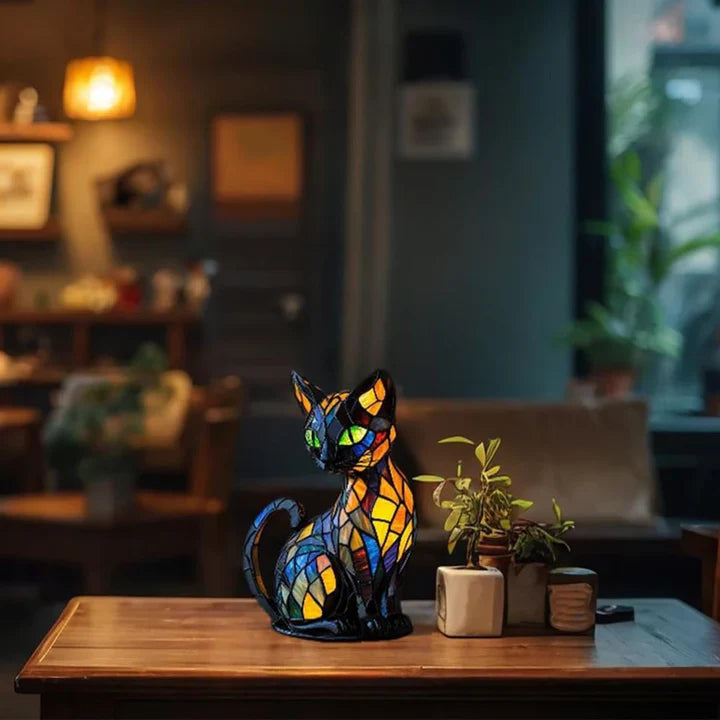 Stained Glass Cat Table Lamp Art Deco with LED Light
