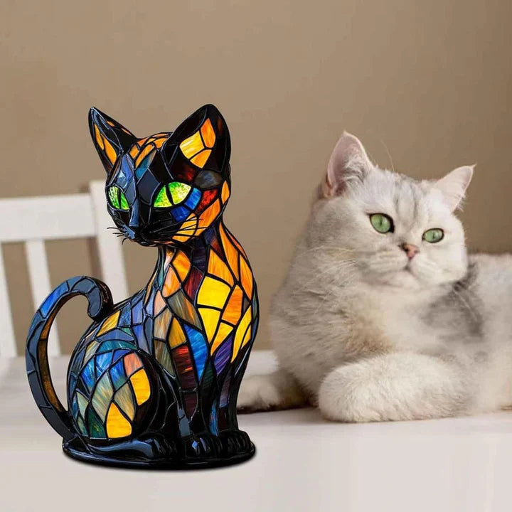 Stained Glass Cat Table Lamp Art Deco with LED Light