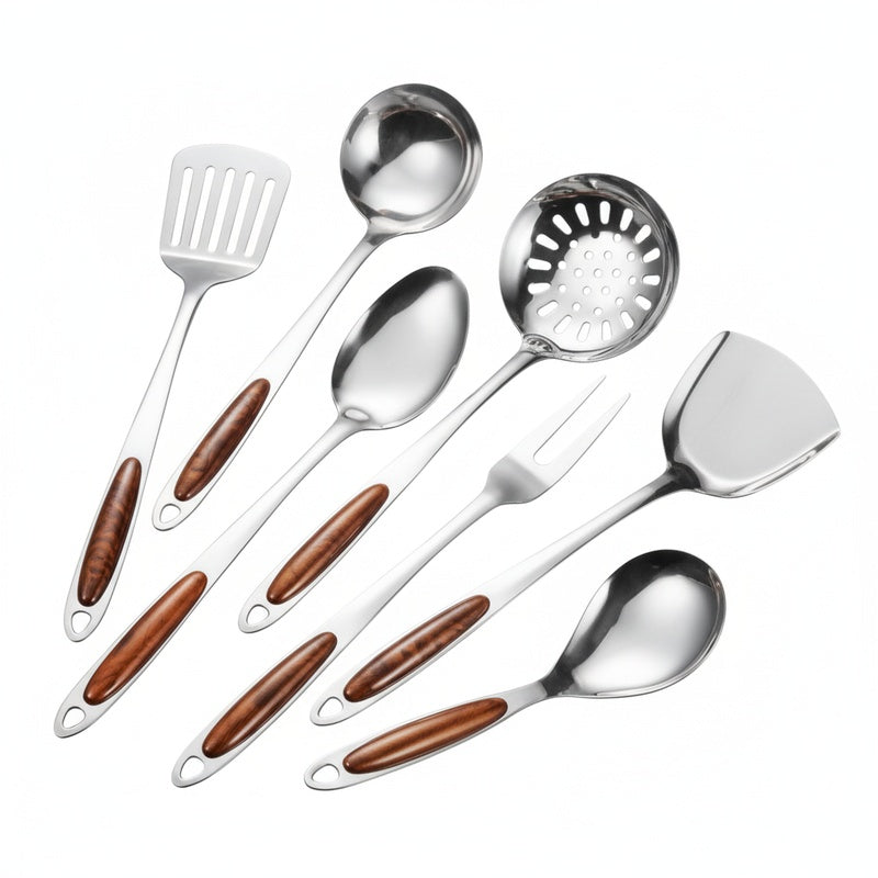 Stainless Steel Kitchen Utensil Set with Wood Accent Handles